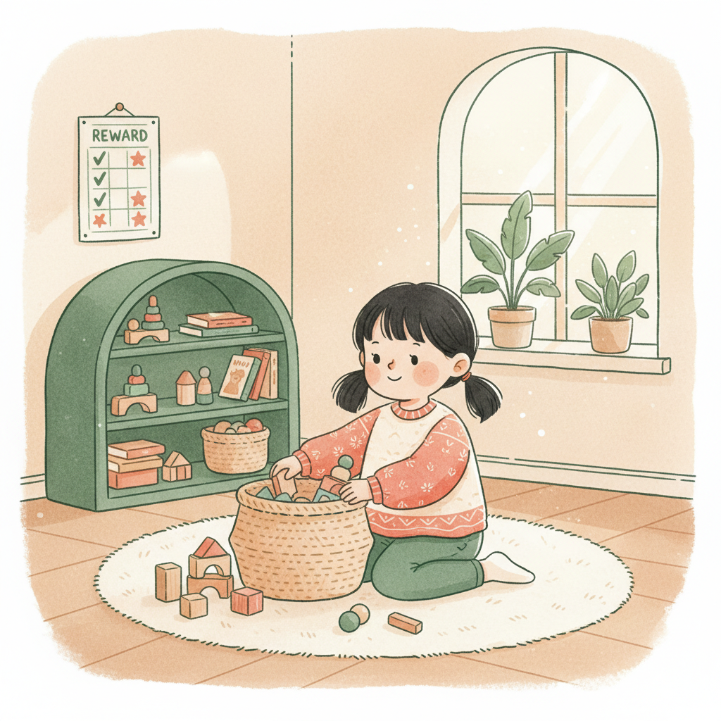 Bé gái đang dọn đồ chơi gọn gàng