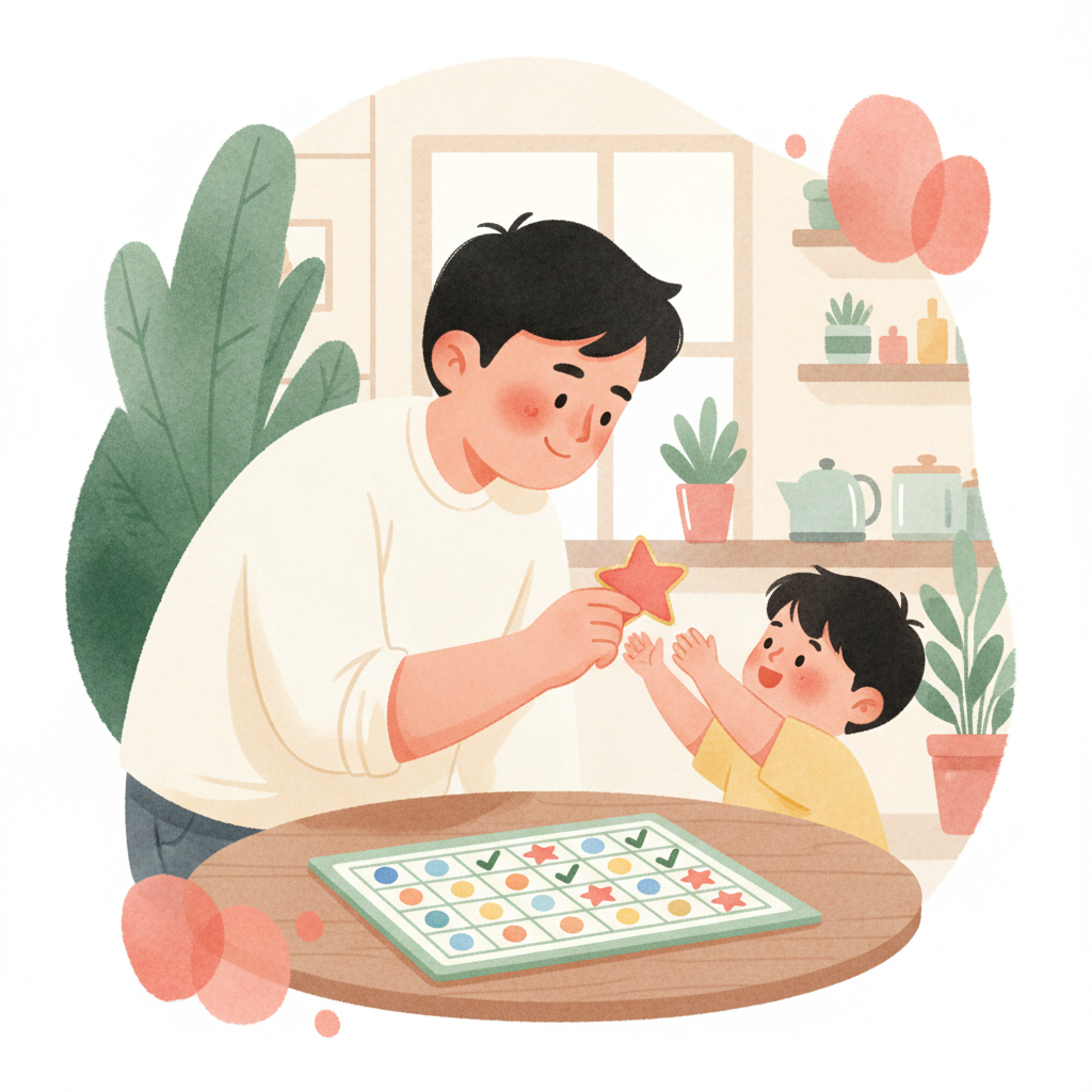 Bé trai hào hứng nhận sticker thưởng từ bố mẹ