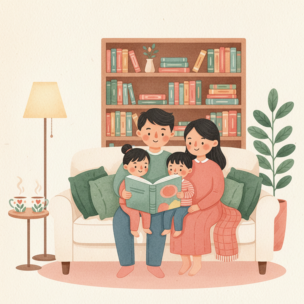 Gia đình cùng nhau đọc sách trên sofa